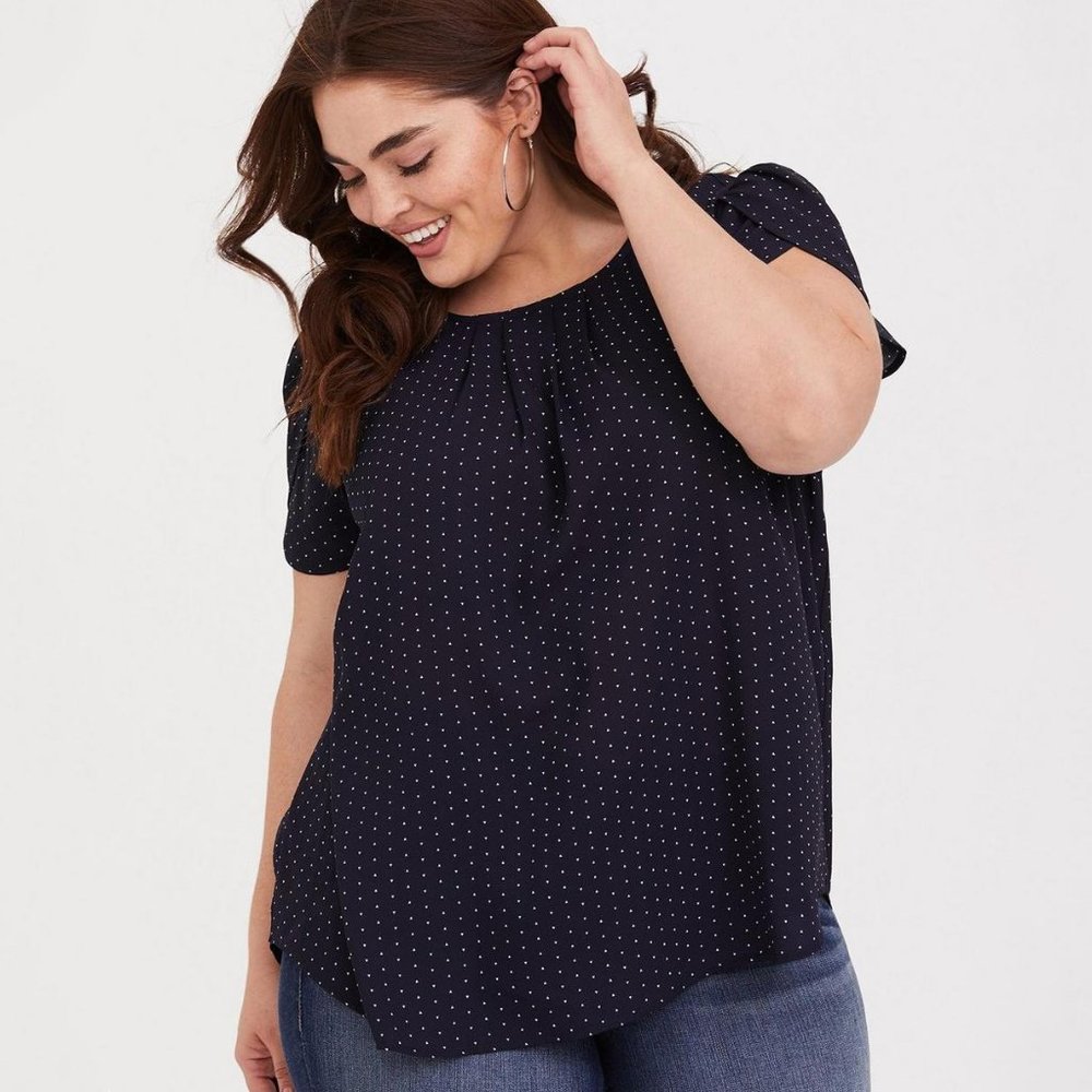 Torrid Navy Dots Pleated Tulip Sleeve Blouse - 1X